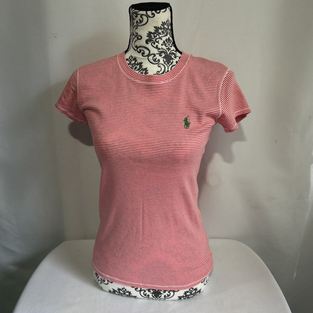 Polo Ralph Lauren T-Shirt Women's Sz M Orange White Striped Crewneck Cap Sleeve